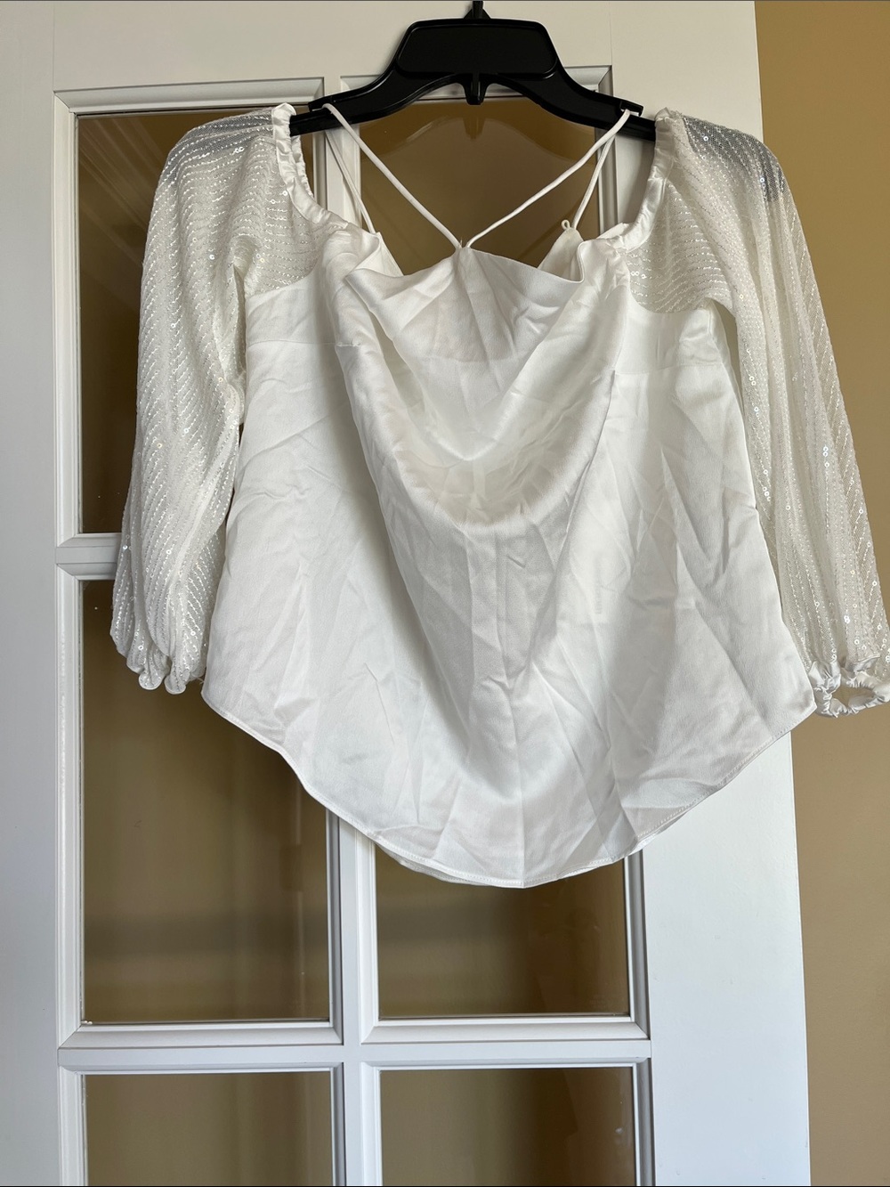 Heartloom White Cowl Neck Camisole with Sheer Puff Sleeves